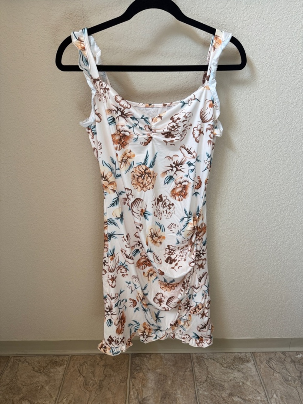 Floral Ruffle-Strap Sundress - White with Brown & Teal Print